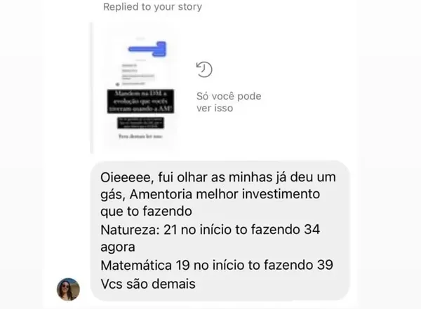Mensagem de aluno dizendo que a AM foi o melhor investimento e mostrando a evolução nos acertos