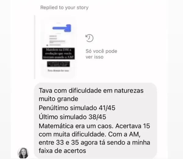 Mensagem de aluno que tinha dificuldade em natureza mostrando a evolução nos últimos simulados