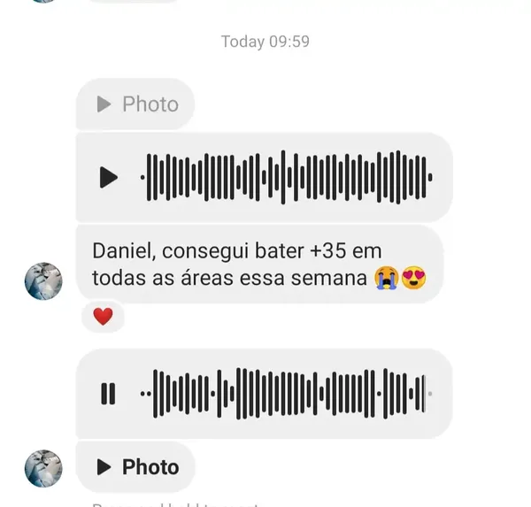 Áudio de aluno contando para o mentor Daniel que subiu 35 acertos em todas as áreas na semana