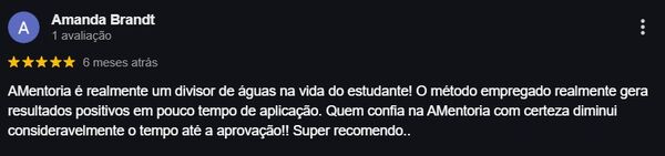 Avaliação cinco estrelas de Amanda Brandi sobre o método da AMentoria