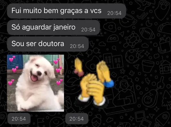 Conversa de WhatsApp de aluna comemorando o resultado: "Vou ser doutora"