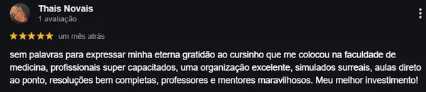 Avaliação cinco estrelas de Thais Novais agradecendo pela aprovação em Medicina