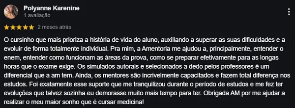 Avaliação cinco estrelas de Polyane Karenine sobre o cursinho e o acompanhamento individual