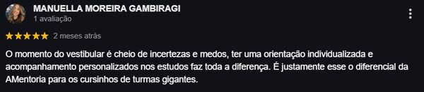 Avaliação cinco estrelas de Manuella Moreira Gambarasi sobre a mentoria
