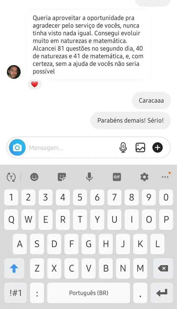 Mensagem de aluno agradecendo à AM por evoluir em Natureza e Matemática, com 81 questões no segundo dia