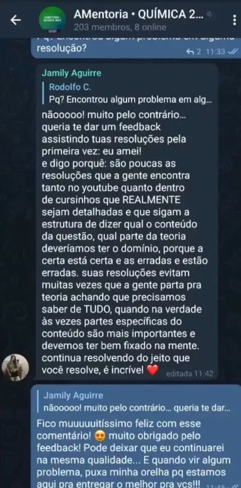 Mensagem de aluna no grupo de Química da AMentoria elogiando as resoluções em vídeo